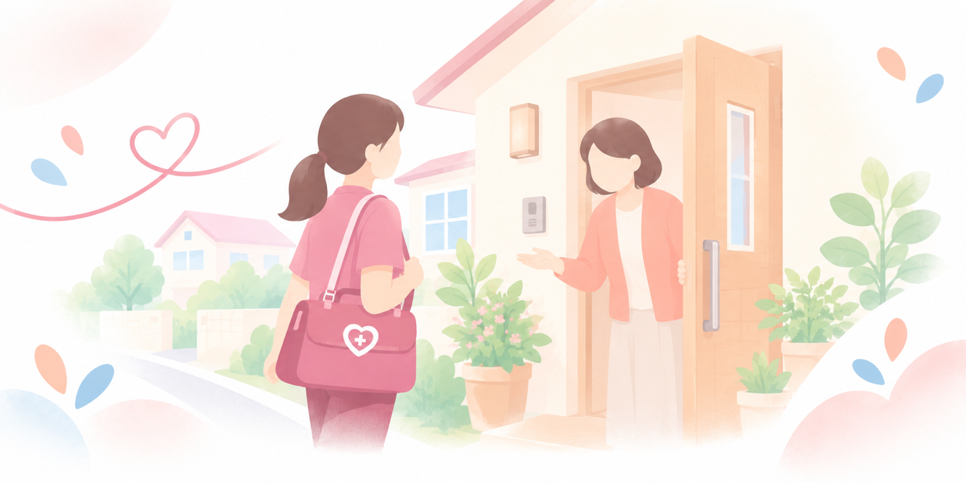 ご自宅の玄関で、ご家族に迎えられる看護師のイラスト